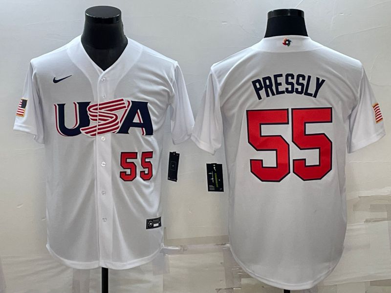 Men 2023 World Cub USA #55 Pressly White Nike MLB Jersey4